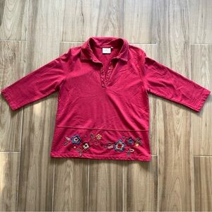 VTG HOT COTTON by MARC WARE Red Embroidered Floral Collared Women's Top Size S